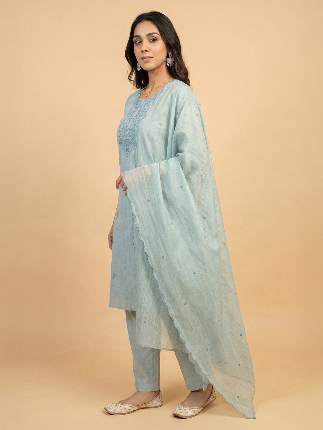 Janasya Women's Sage Green Cotton Blend Yoke Embroidered Straight Kurta Set
