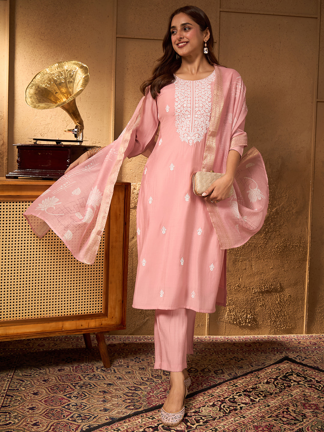 Janasya Women's Baby Pink Chanderi Silk Floral Embroidered Straight Kurta Set with Printed Dupatta