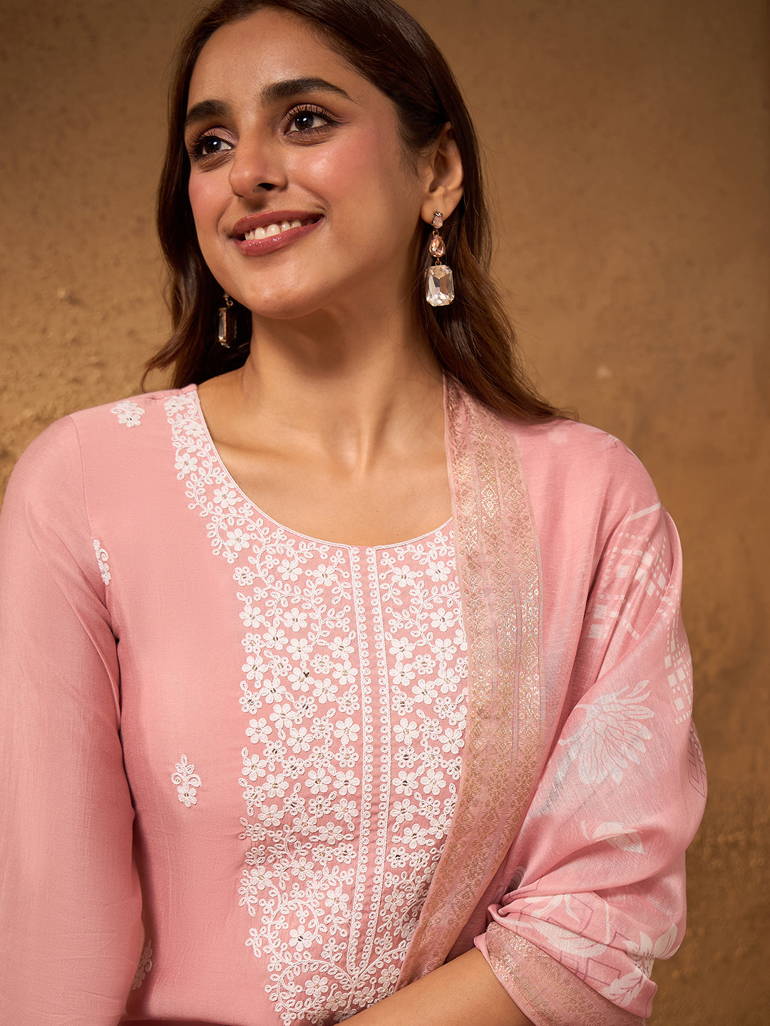 Janasya Women's Baby Pink Chanderi Silk Floral Embroidered Straight Kurta Set with Printed Dupatta