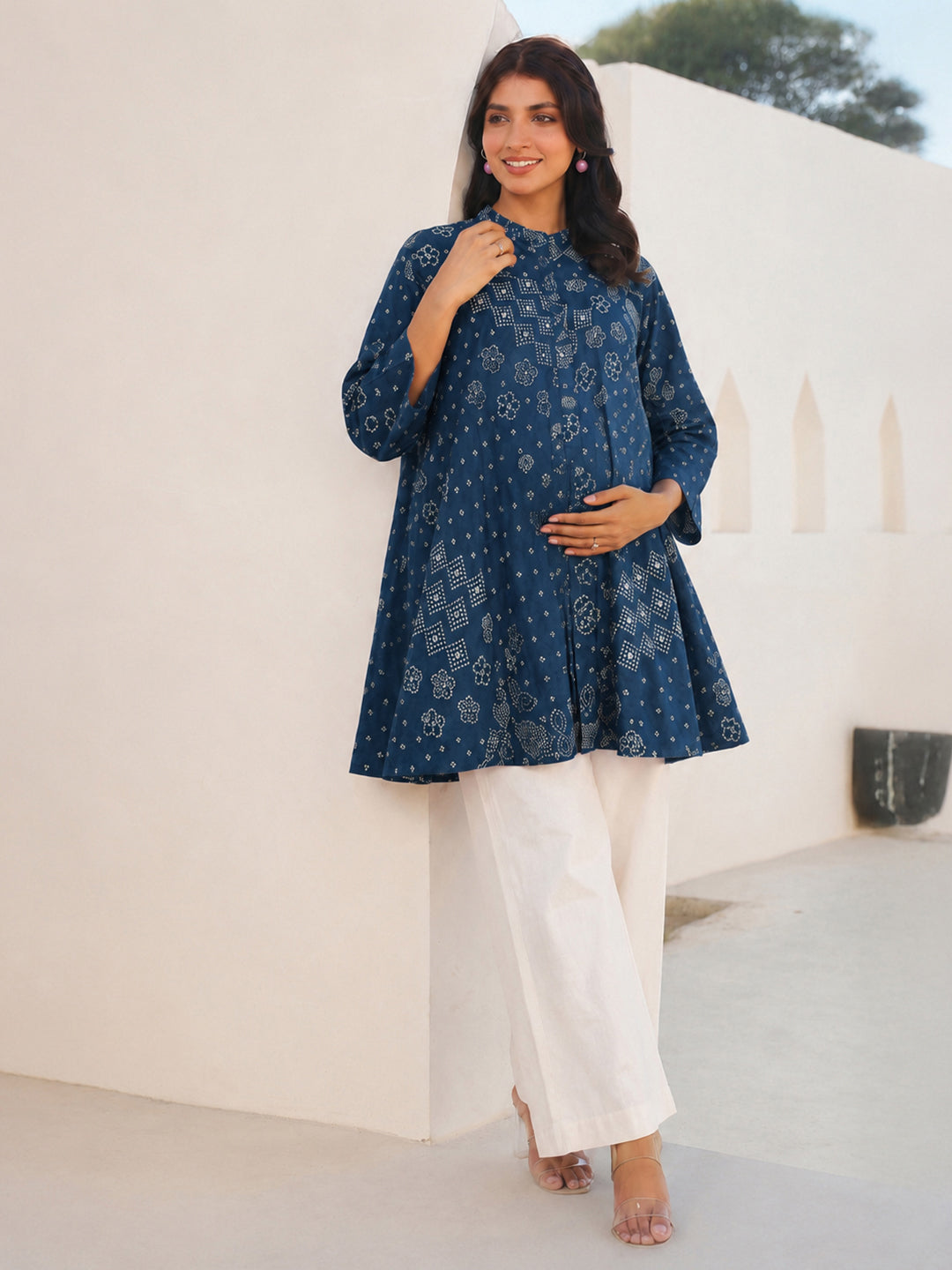 Janasya Women's Maternity Teal Blue Pure Cotton Bandhani Printed A-Line Tunic