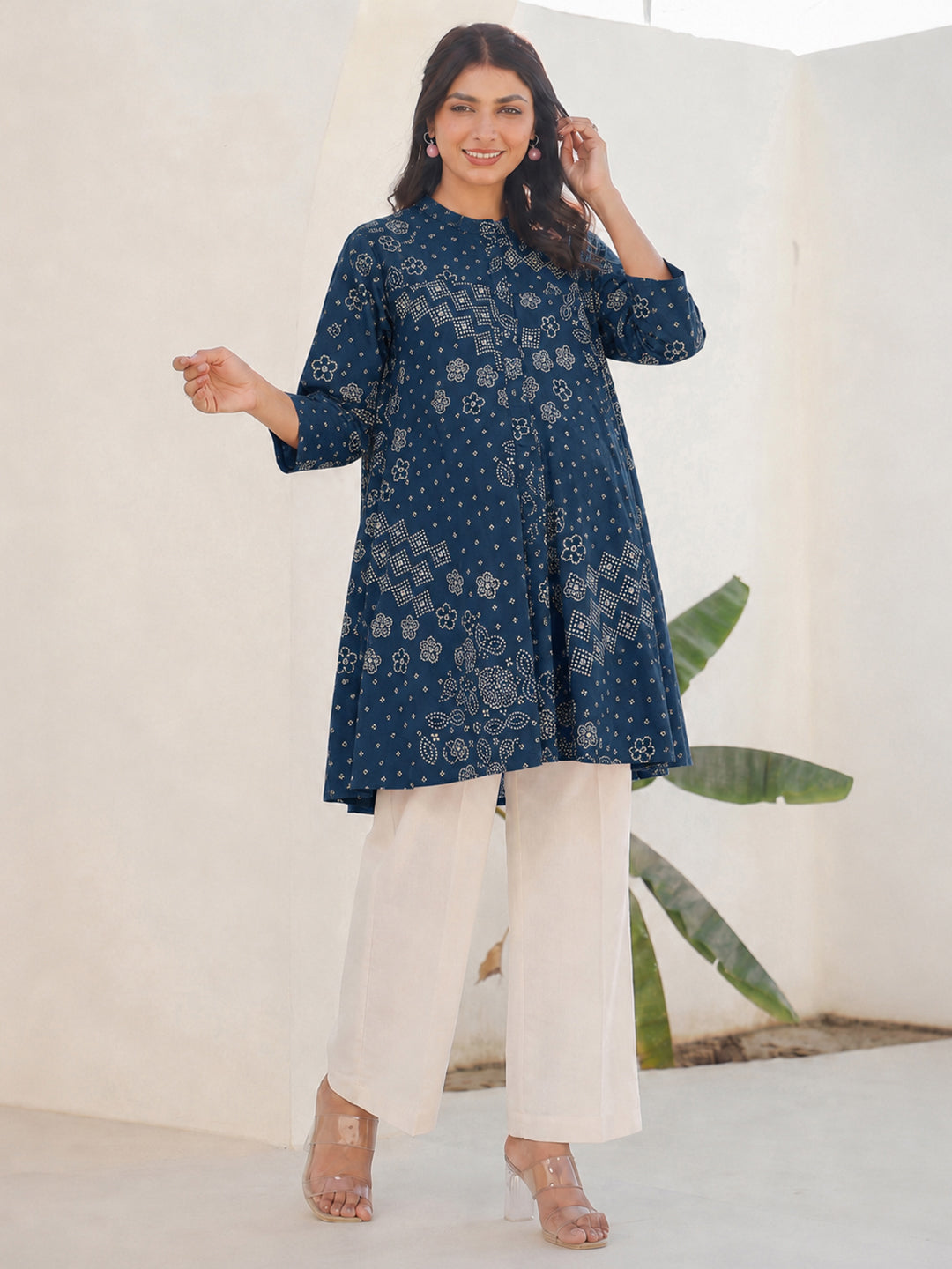 Janasya Women's Maternity Teal Blue Pure Cotton Bandhani Printed A-Line Tunic