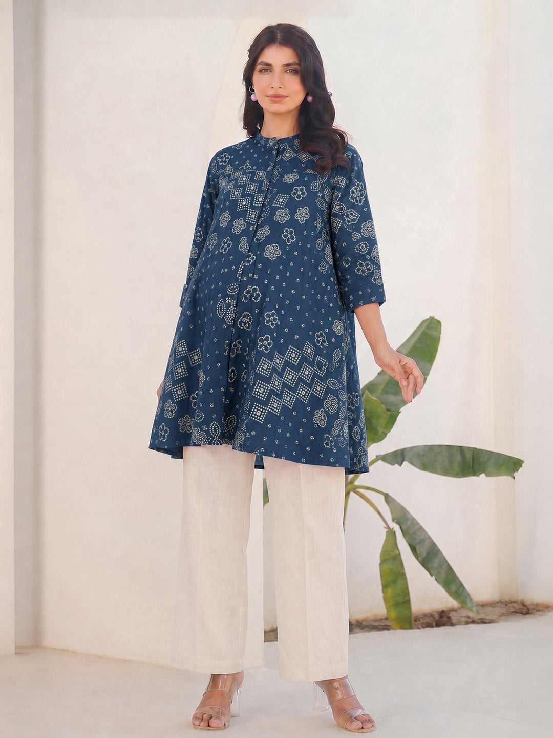 Janasya Women's Maternity Teal Blue Pure Cotton Bandhani Printed A-Line Tunic