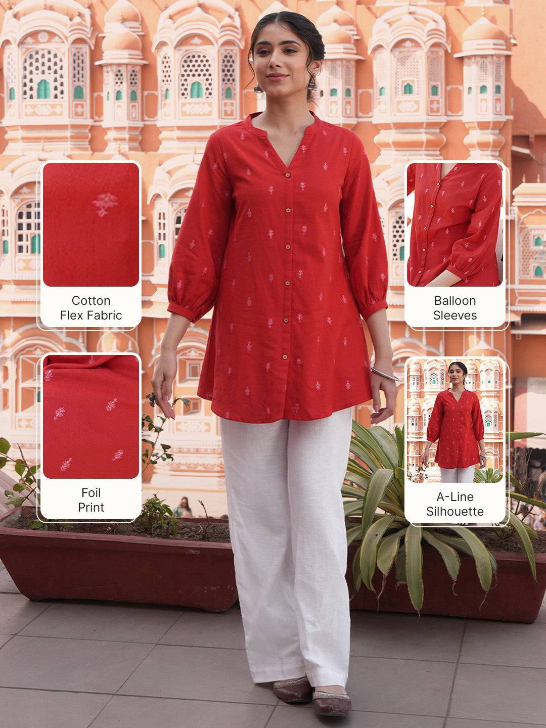 Janasya Women's Red Linen Cotton Foil Print Straight Tunic