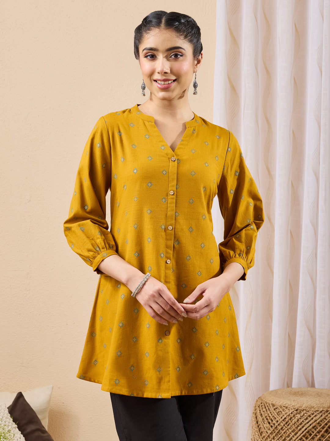 Janasya Women's Mustard Linen Cotton Ethnic Motifs Printed Straight Tunic