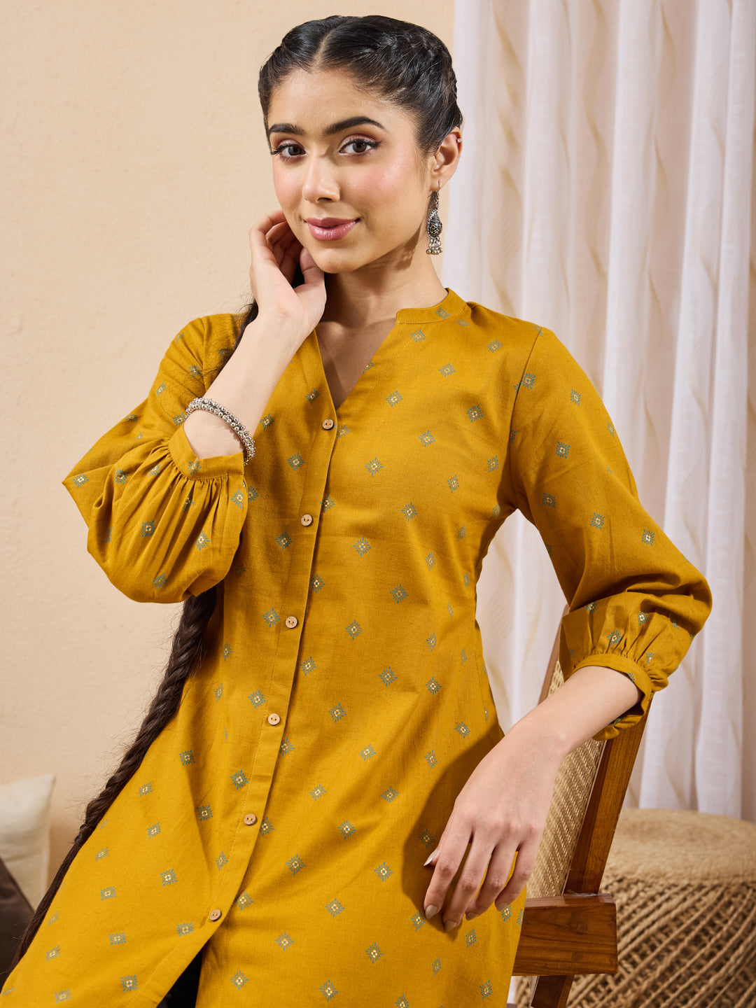 Janasya Women's Mustard Linen Cotton Ethnic Motifs Printed Straight Tunic