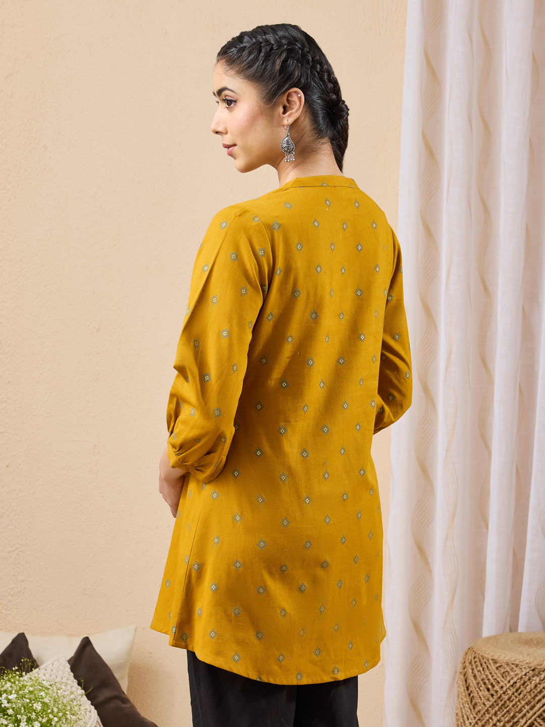 Janasya Women's Mustard Linen Cotton Ethnic Motifs Printed Straight Tunic