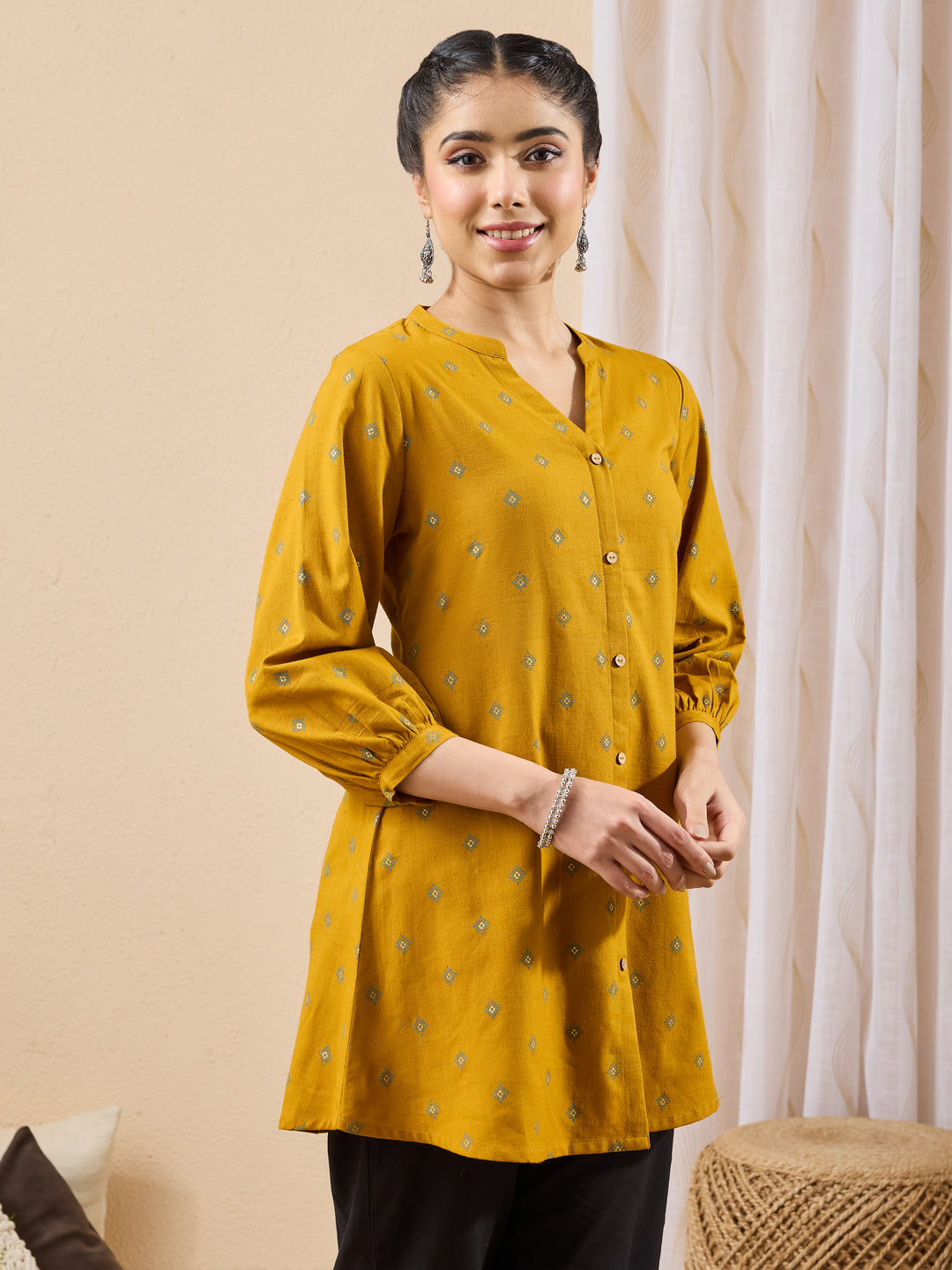 Janasya Women's Mustard Linen Cotton Ethnic Motifs Printed Straight Tunic
