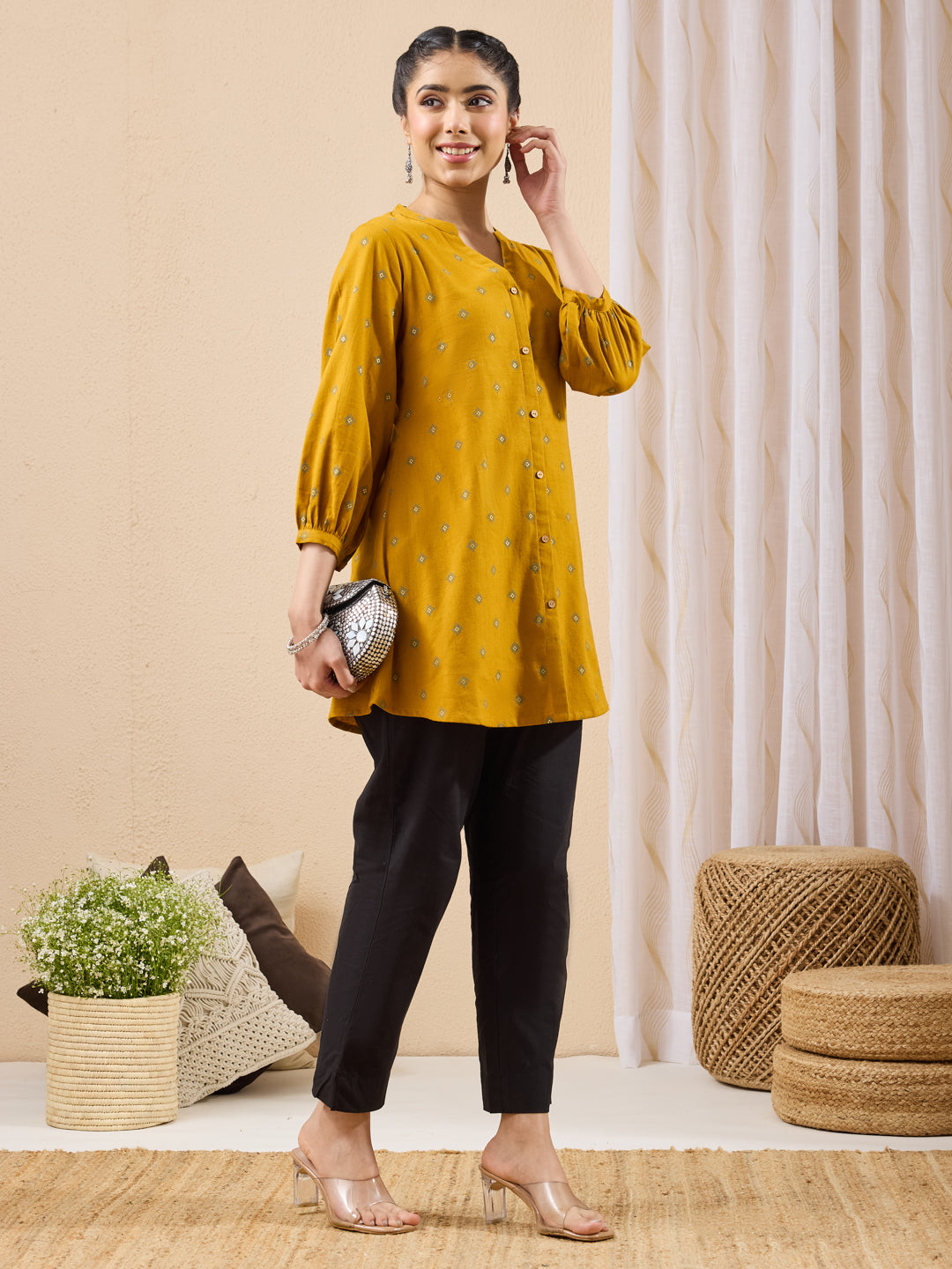 Janasya Women's Mustard Linen Cotton Ethnic Motifs Printed Straight Tunic