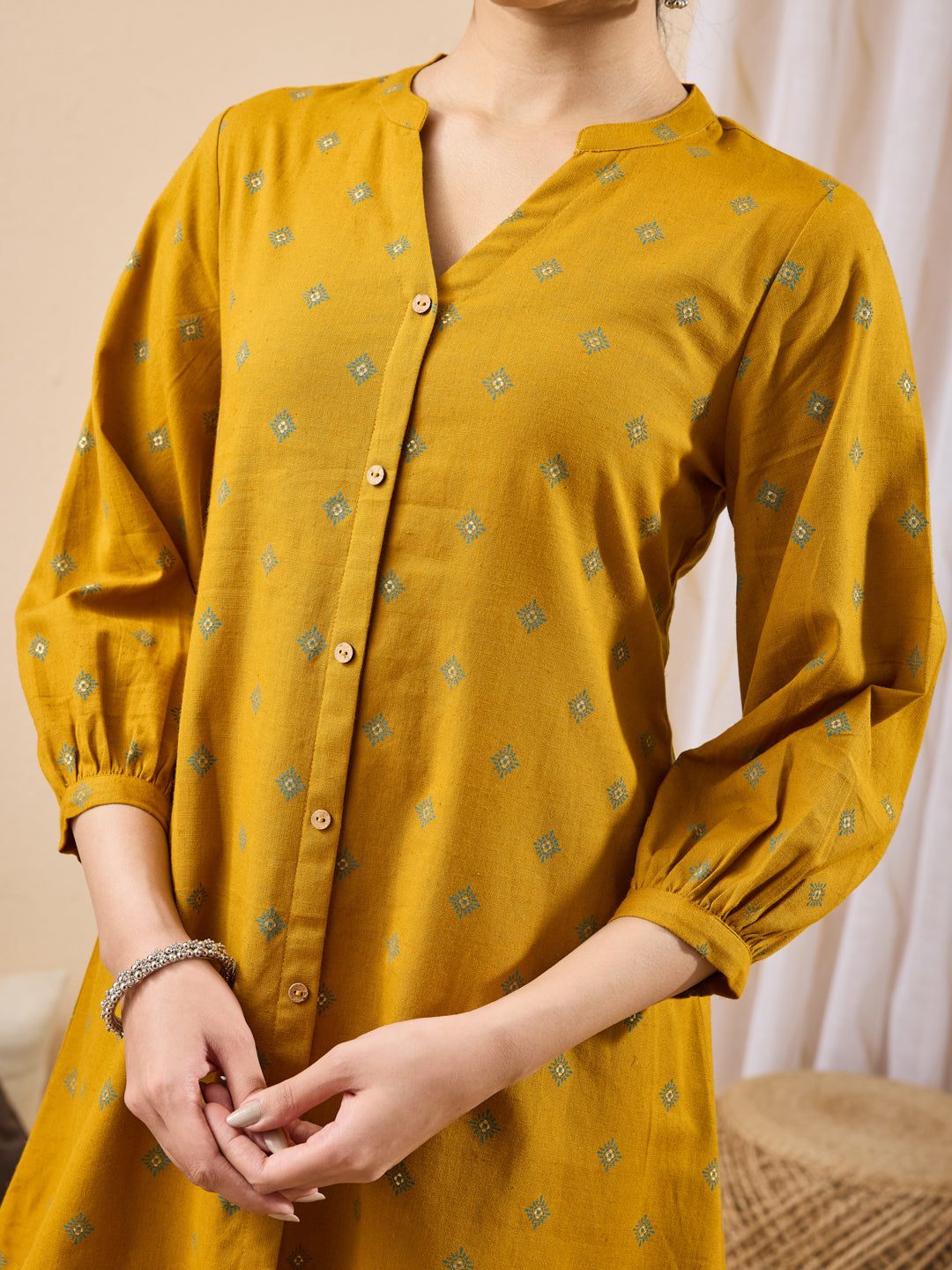 Janasya Women's Mustard Linen Cotton Ethnic Motifs Printed Straight Tunic