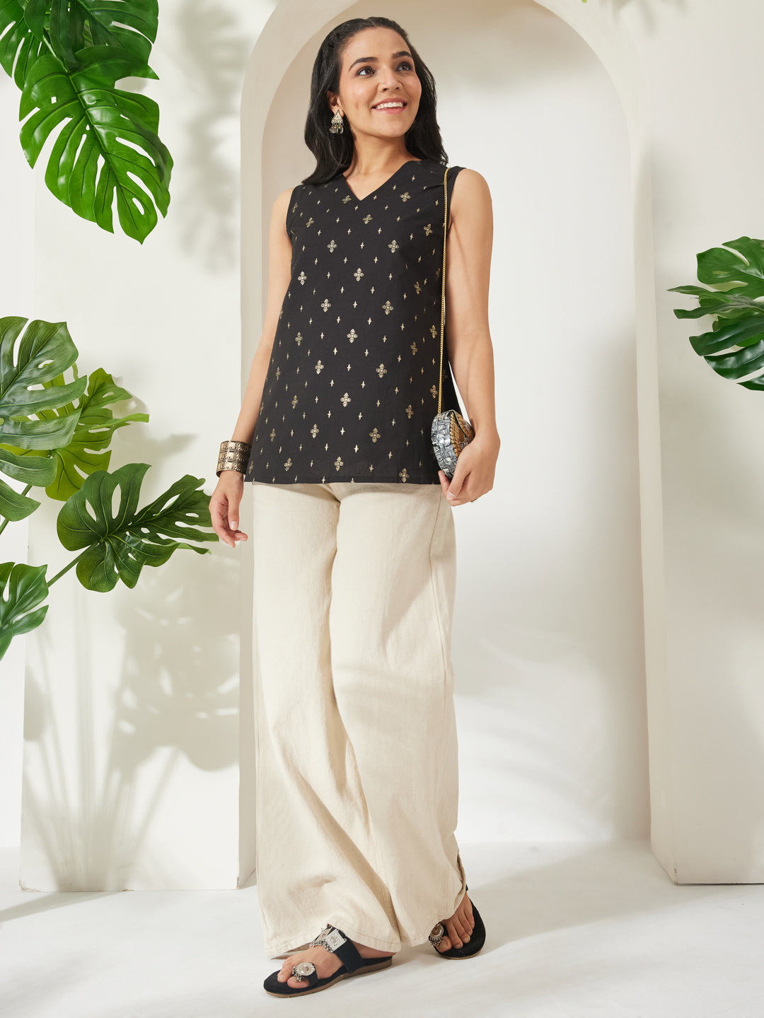 Janasya Women's Black Linen Cotton Ethnic Motifs Foil Print A-Line Tunic