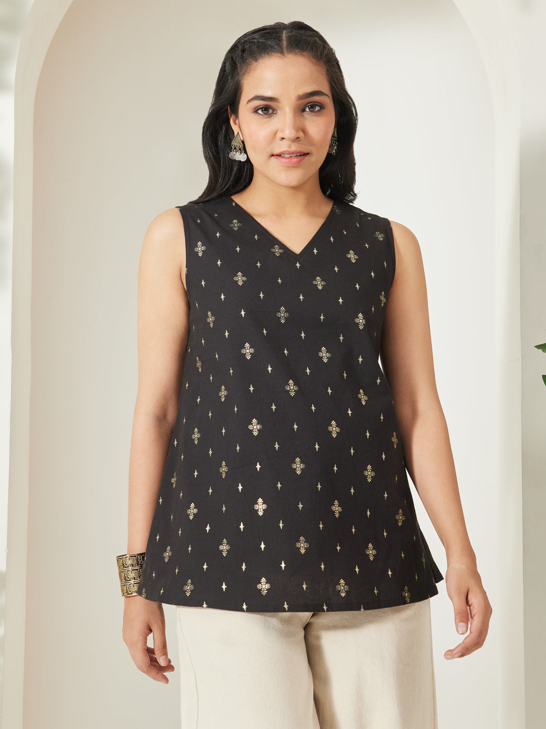 Janasya Women's Black Linen Cotton Ethnic Motifs Foil Print A-Line Tunic