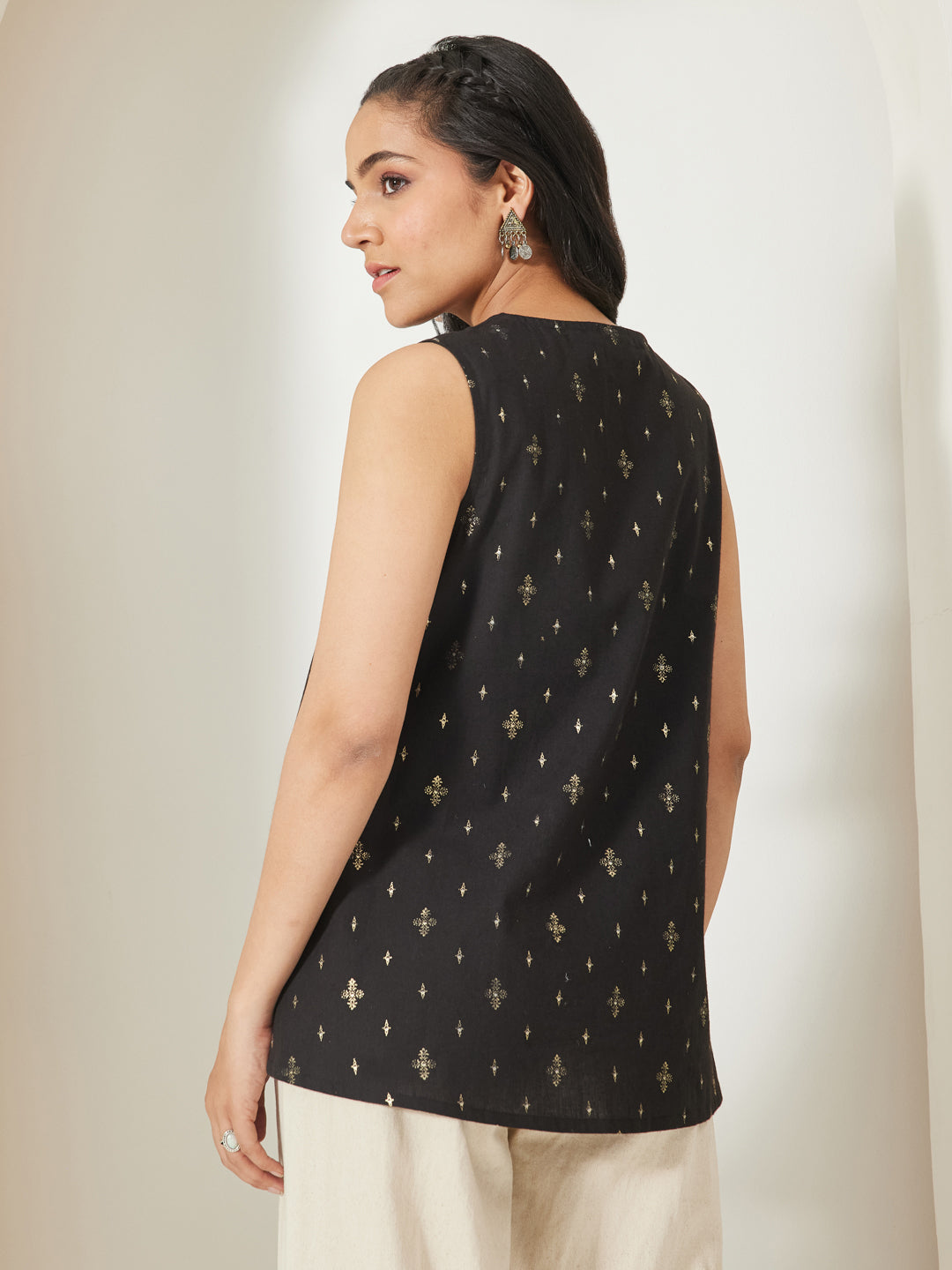 Janasya Women's Black Linen Cotton Ethnic Motifs Foil Print A-Line Tunic