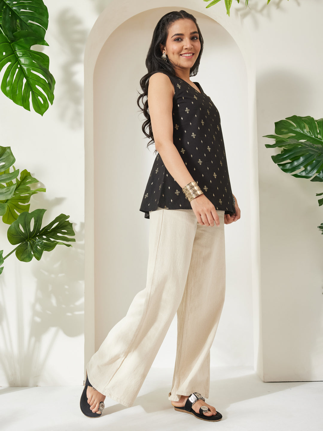 Janasya Women's Black Linen Cotton Ethnic Motifs Foil Print A-Line Tunic