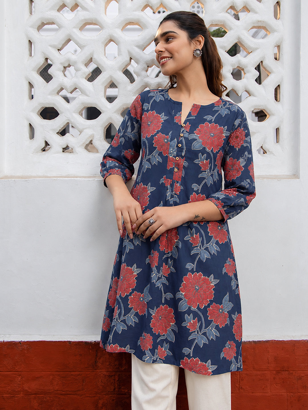 Janasya Women's Navy Blue Pure Cotton Floral Printed A-Line Tunic