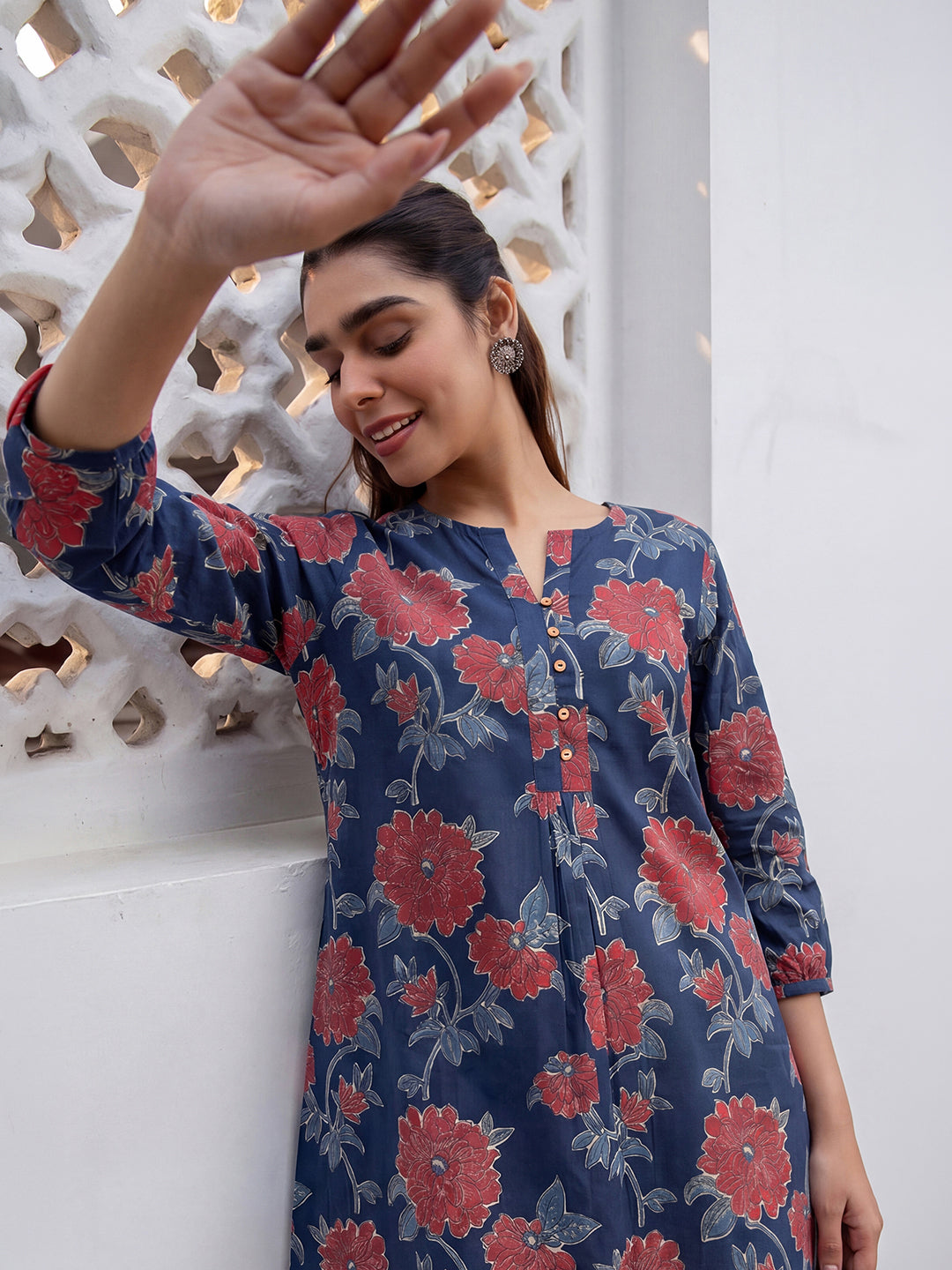Janasya Women's Navy Blue Pure Cotton Floral Printed A-Line Tunic