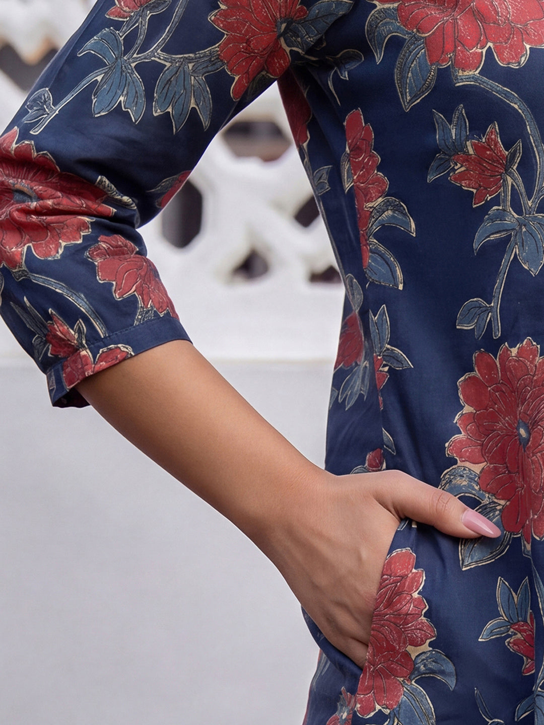 Janasya Women's Navy Blue Pure Cotton Floral Printed A-Line Tunic