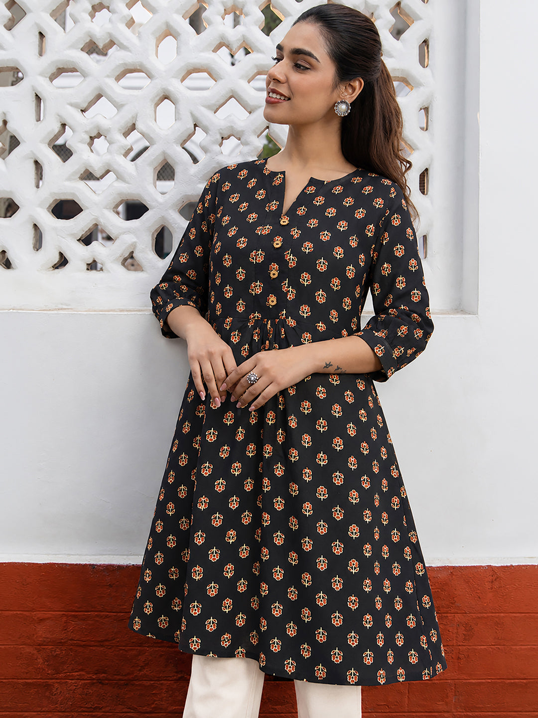 Janasya Women's Black Pure Cotton Floral Printed A-Line Tunic