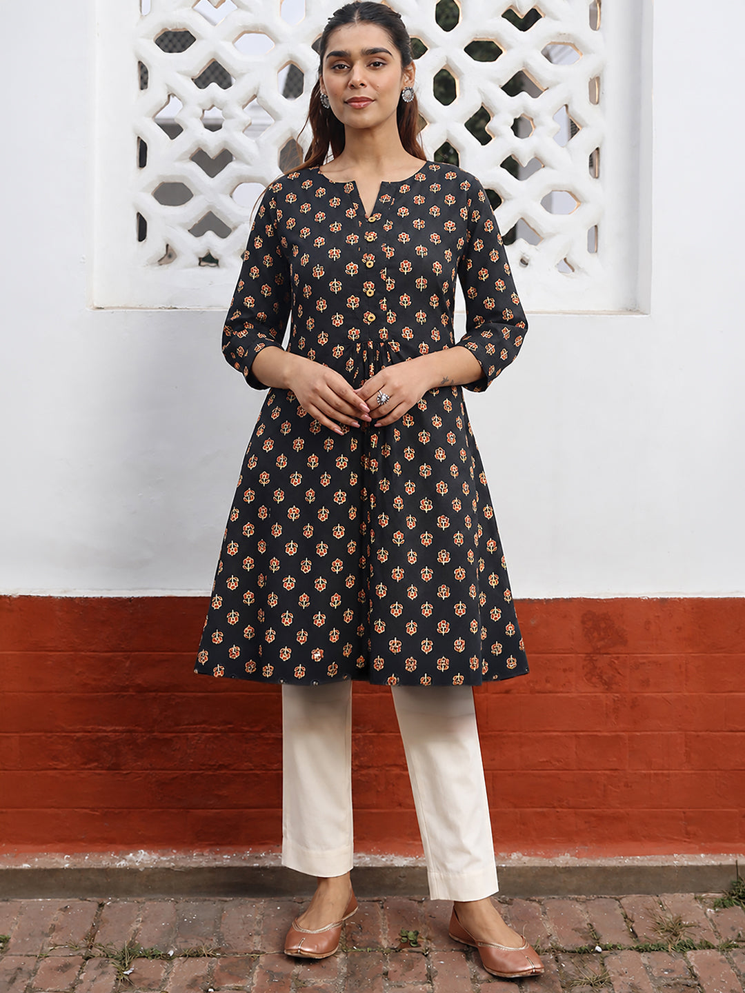Janasya Women's Black Pure Cotton Floral Printed A-Line Tunic