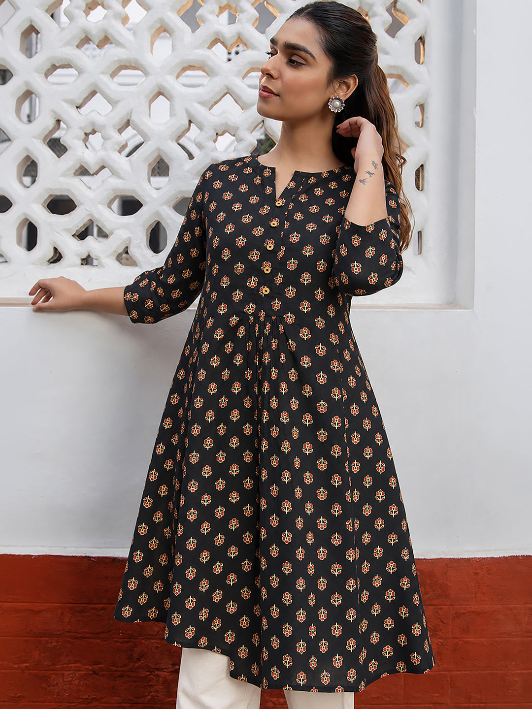 Janasya Women's Black Pure Cotton Floral Printed A-Line Tunic