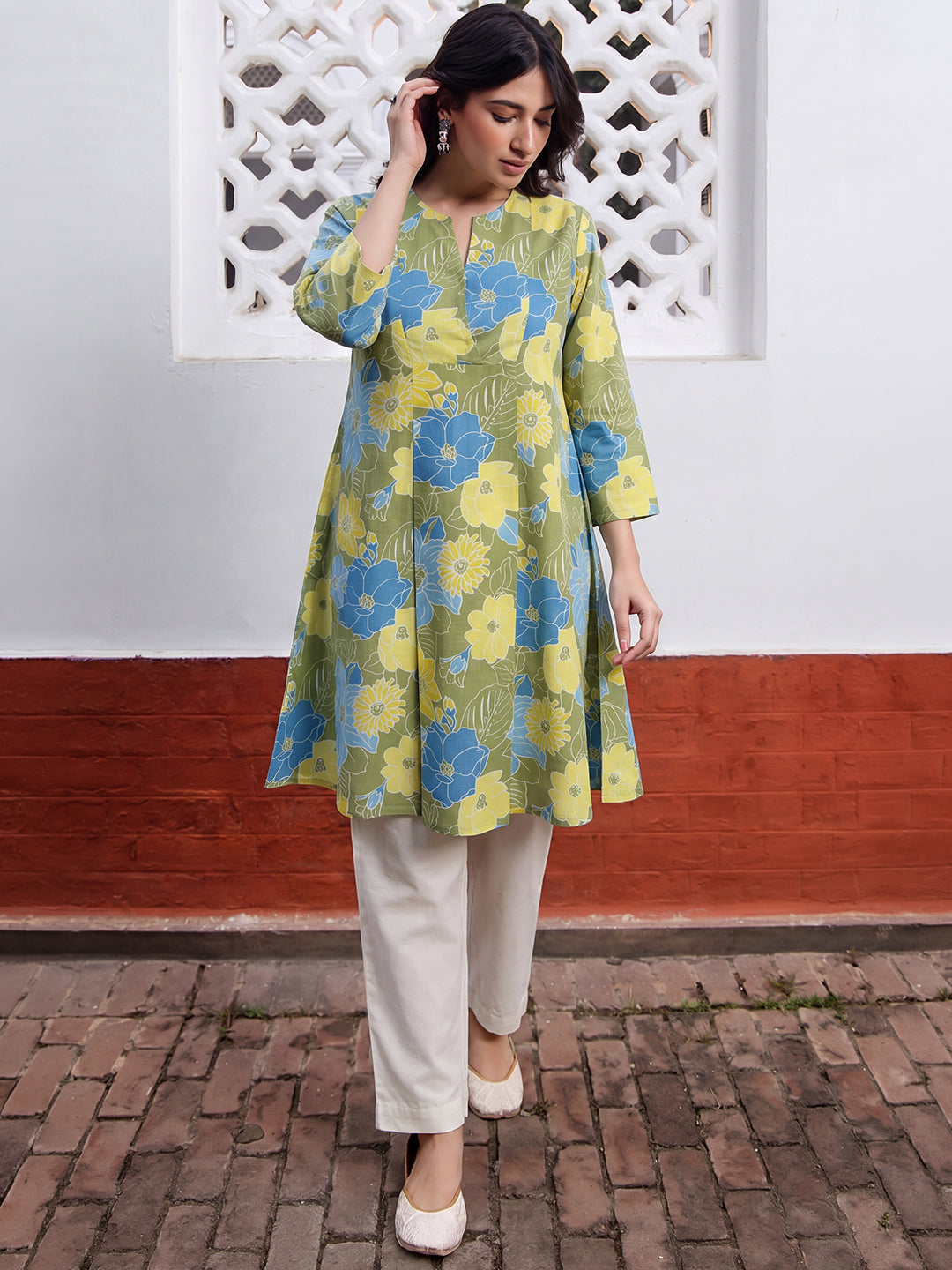 Janasya Women's Lime Green Pure Cotton Floral Printed A-Line Tunic