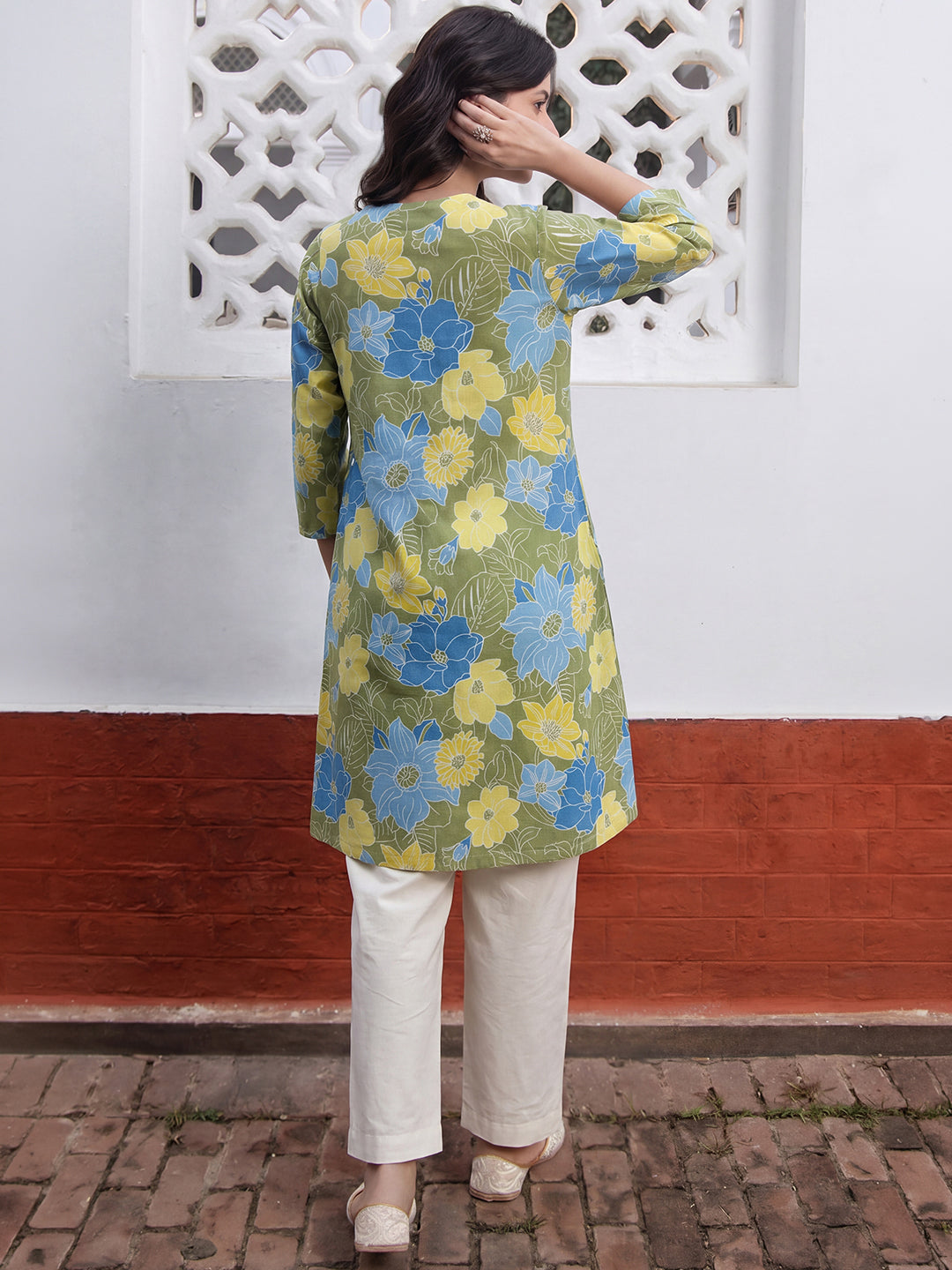 Janasya Women's Lime Green Pure Cotton Floral Printed A-Line Tunic