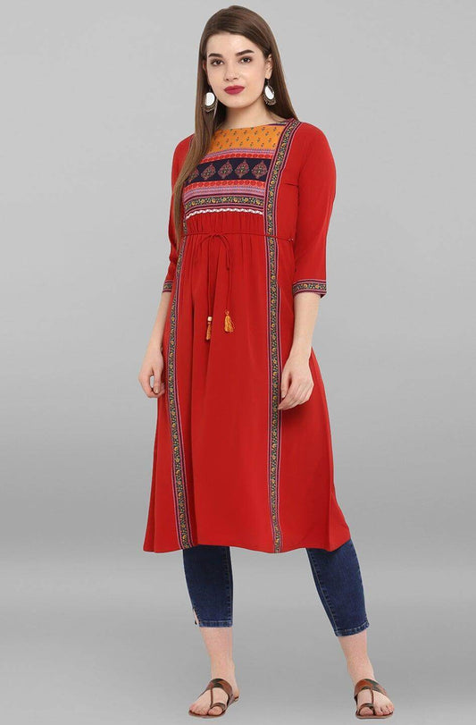 Red Poly Crepe Floral Print A-line Kurta