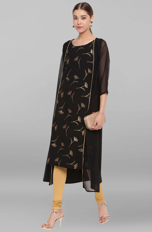 Black Poly Crepe Gold Print A-Line With Attached Jacket Kurta