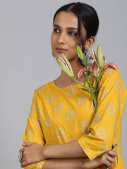 Yellow Cotton Floral Print Anarkali Kurta