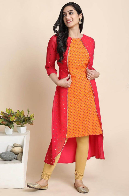 Orange Poly Crepe Floral Print A-Line With Attached Jacket Kurta