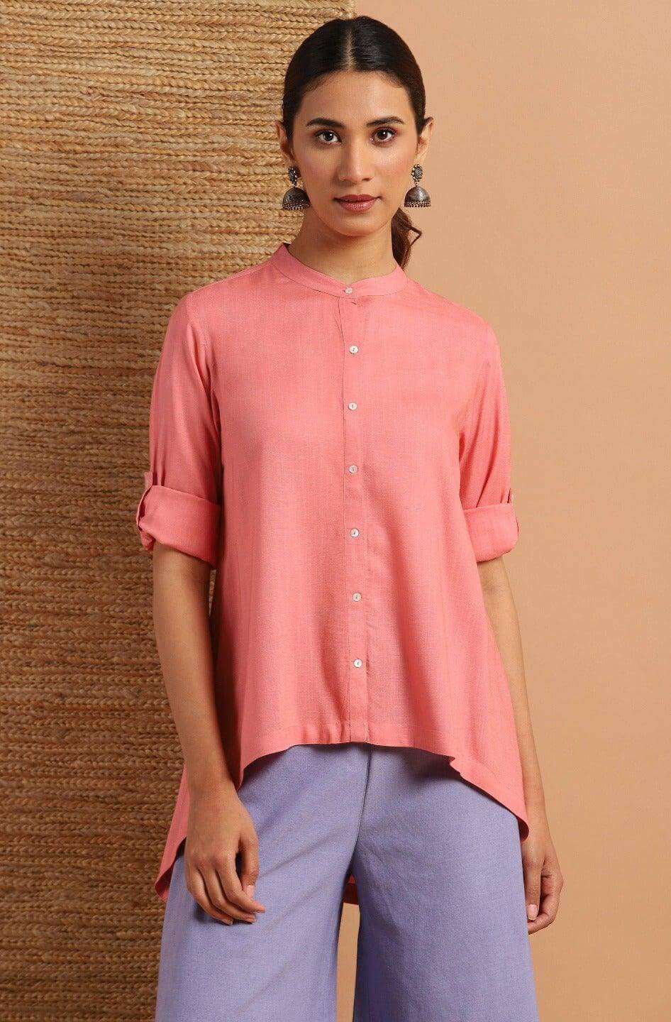 Pink Rayon Solid High Low Tunic