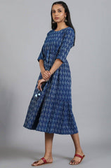 Blue Cotton Woven Design Flared Western Dress