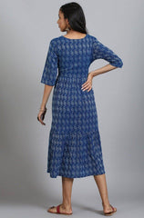 Blue Cotton Woven Design Flared Western Dress
