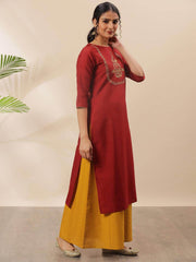 Red Poly Silk Embroidered Straight Kurta