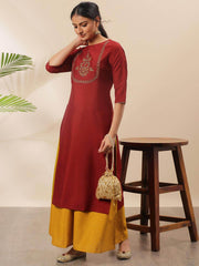Red Poly Silk Embroidered Straight Kurta