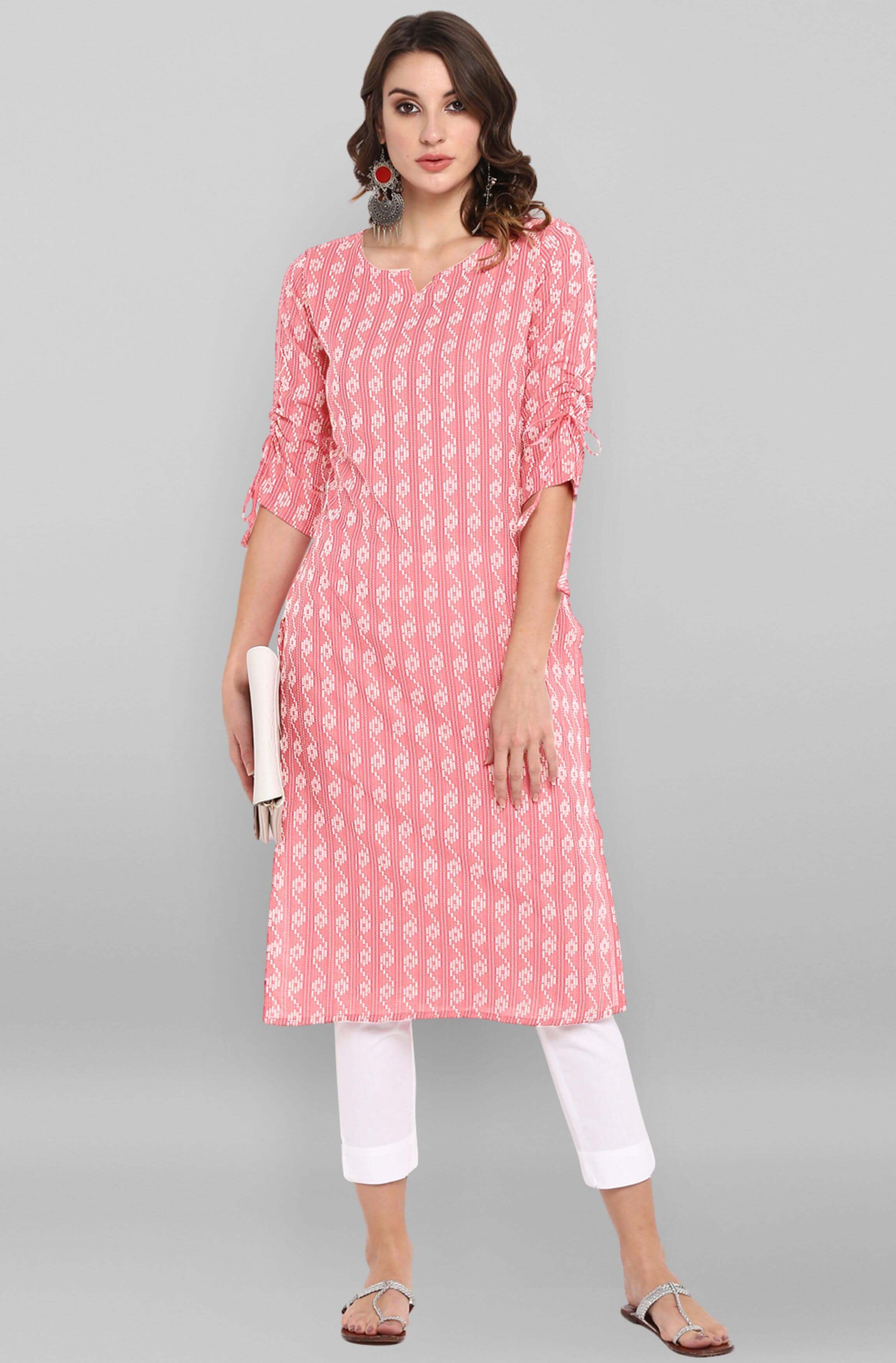 Light Pink Cotton Woven Design Straight Kurta