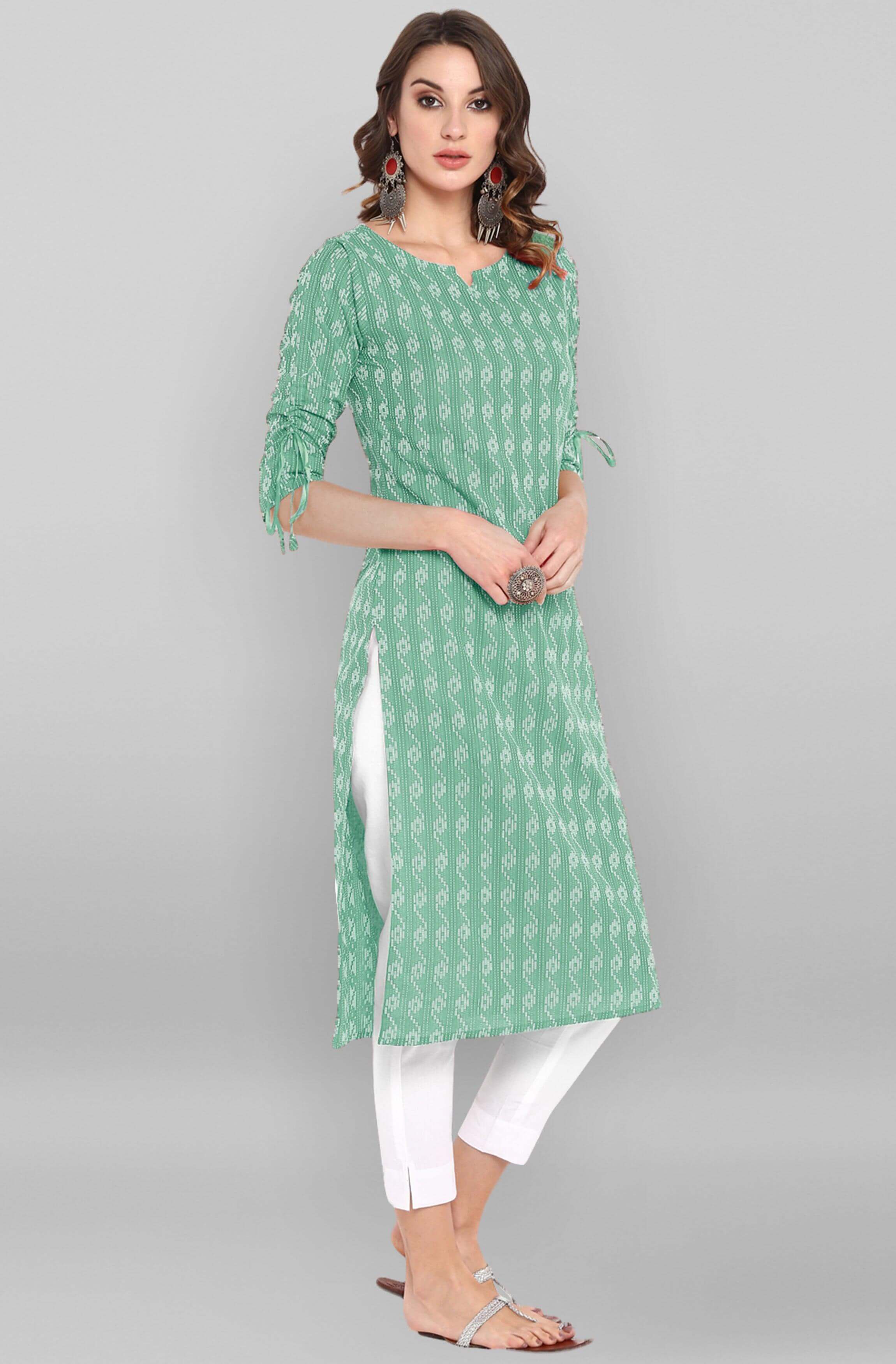 Green Cotton Woven Design Straight Kurta