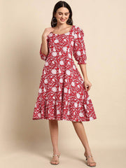 Red Cotton Floral A-line Western Dress