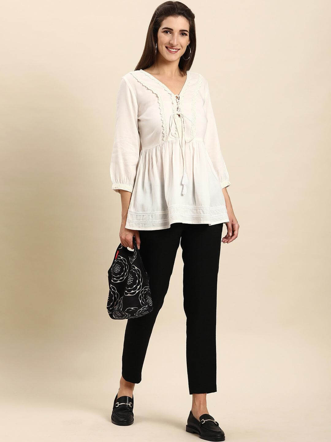White Rayon Solid Flared Top