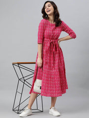 Pink Cotton Woven Design Tiered Western Dress
