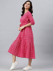 Pink Cotton Woven Design Tiered Western Dress