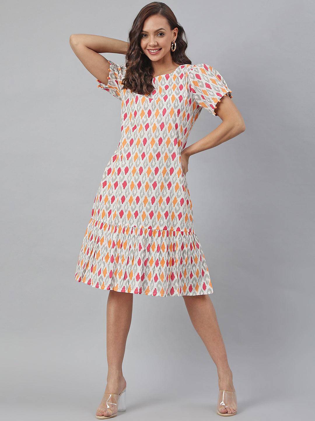 Off White Cotton Printed A-Line Western Dress