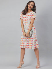 Off White Cotton Printed A-line Western Dress