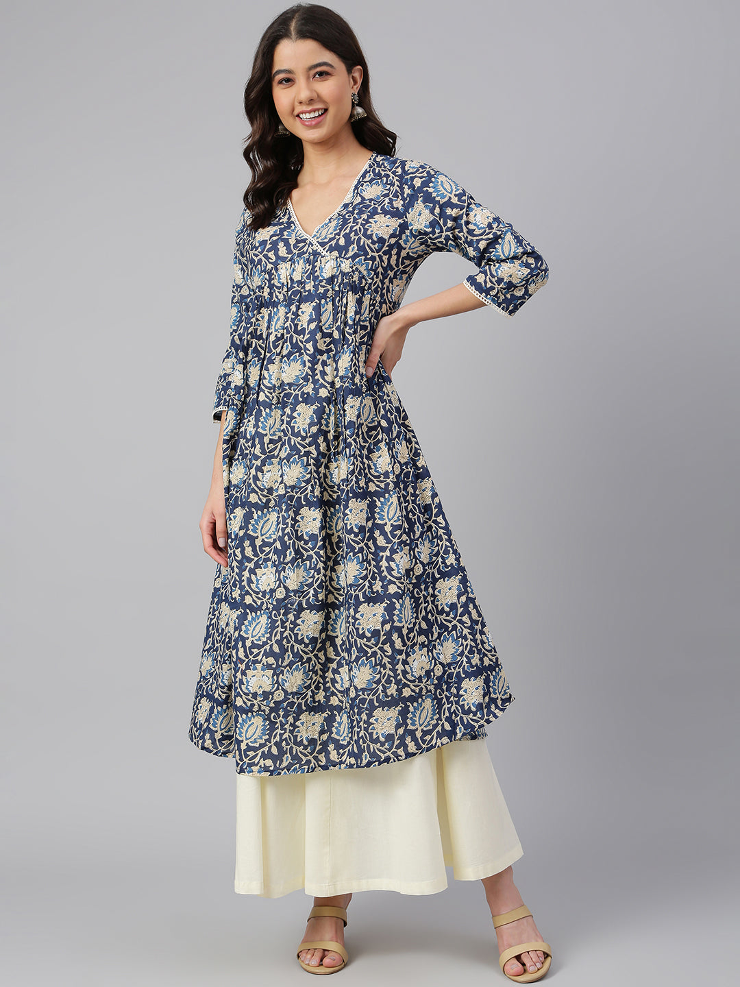 Navy Blue Cotton Floral Print Flared Kurta