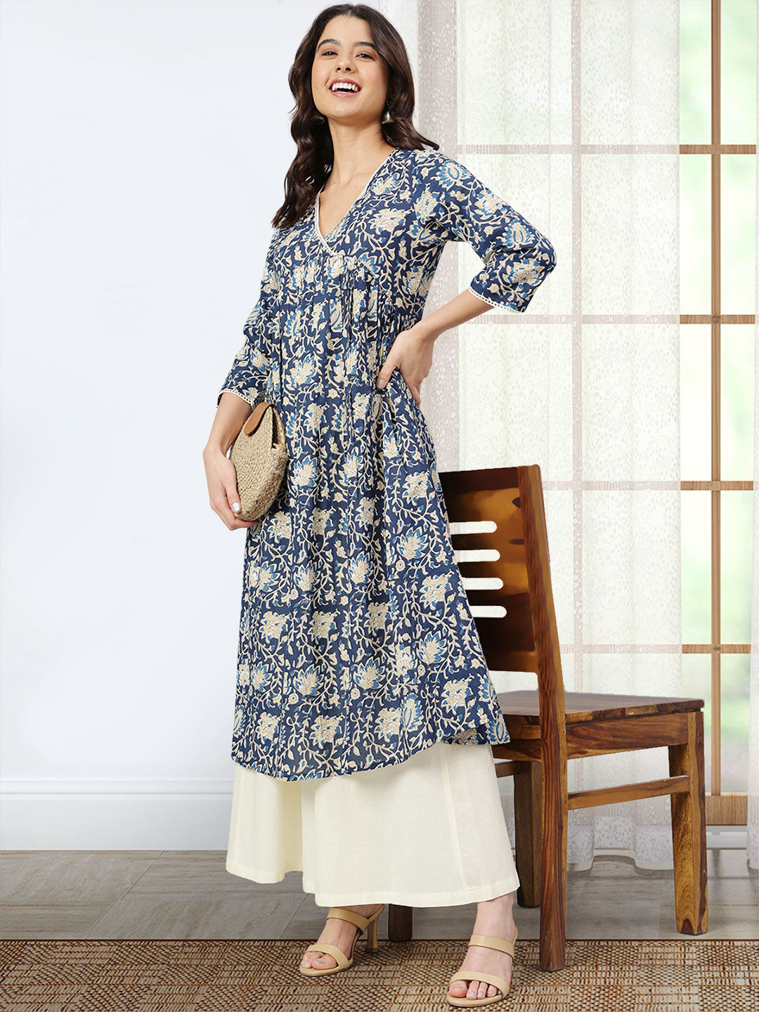 Navy Blue Cotton Floral Print Flared Kurta