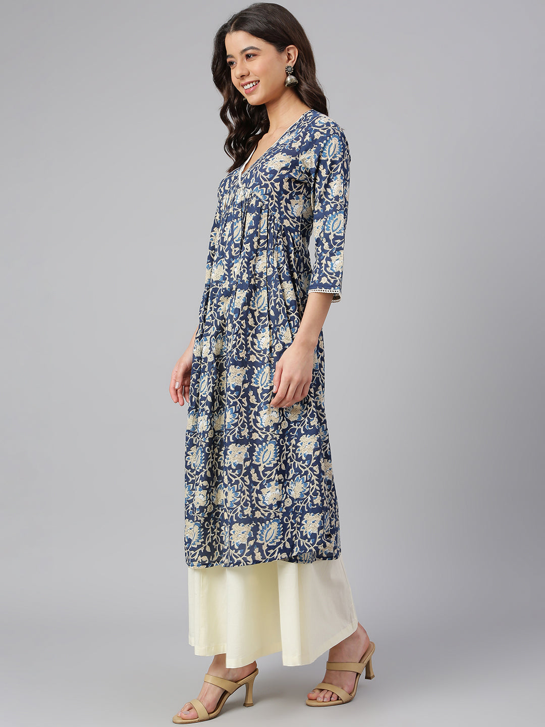 Navy Blue Cotton Floral Print Flared Kurta