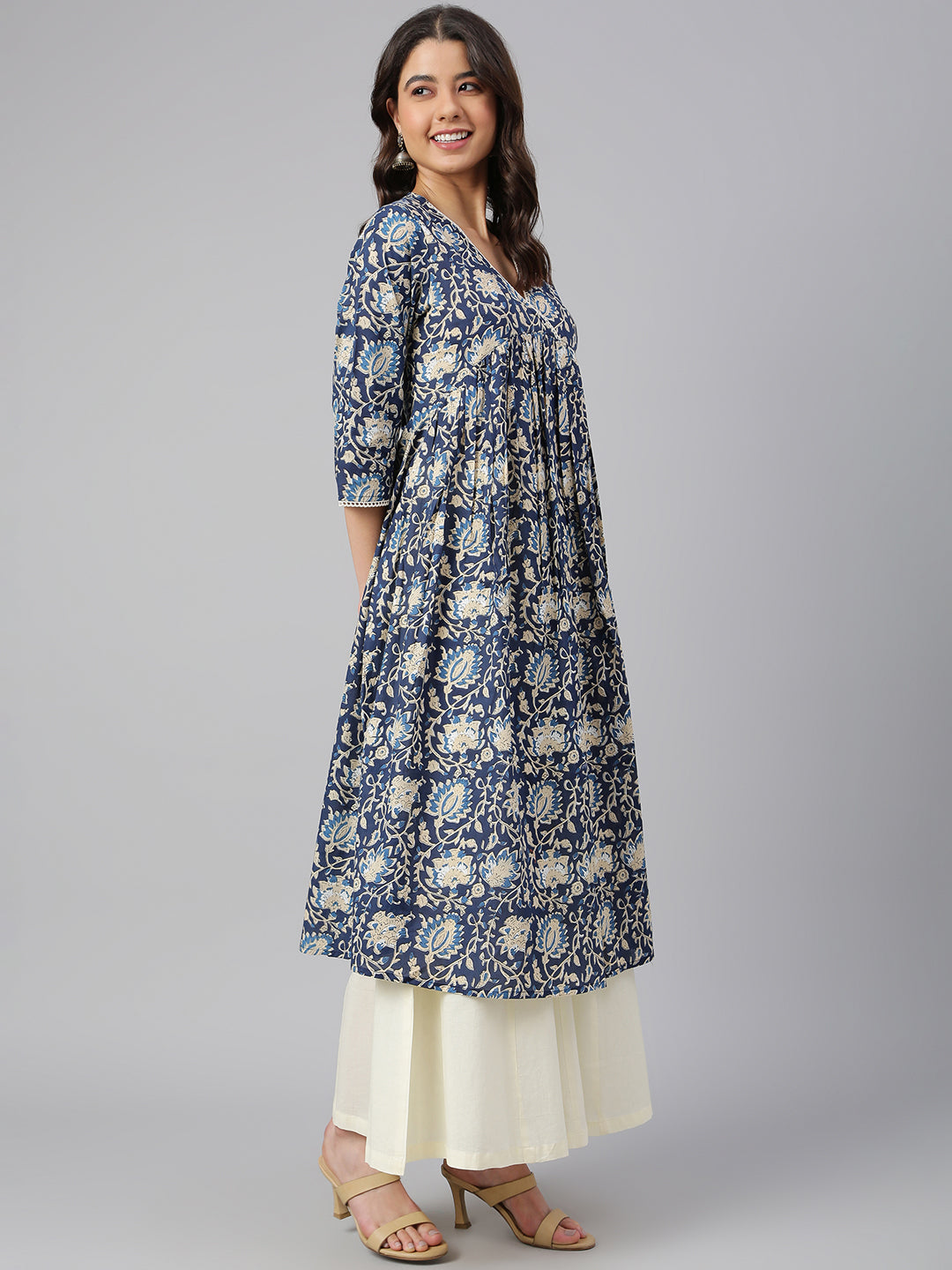 Navy Blue Cotton Floral Print Flared Kurta