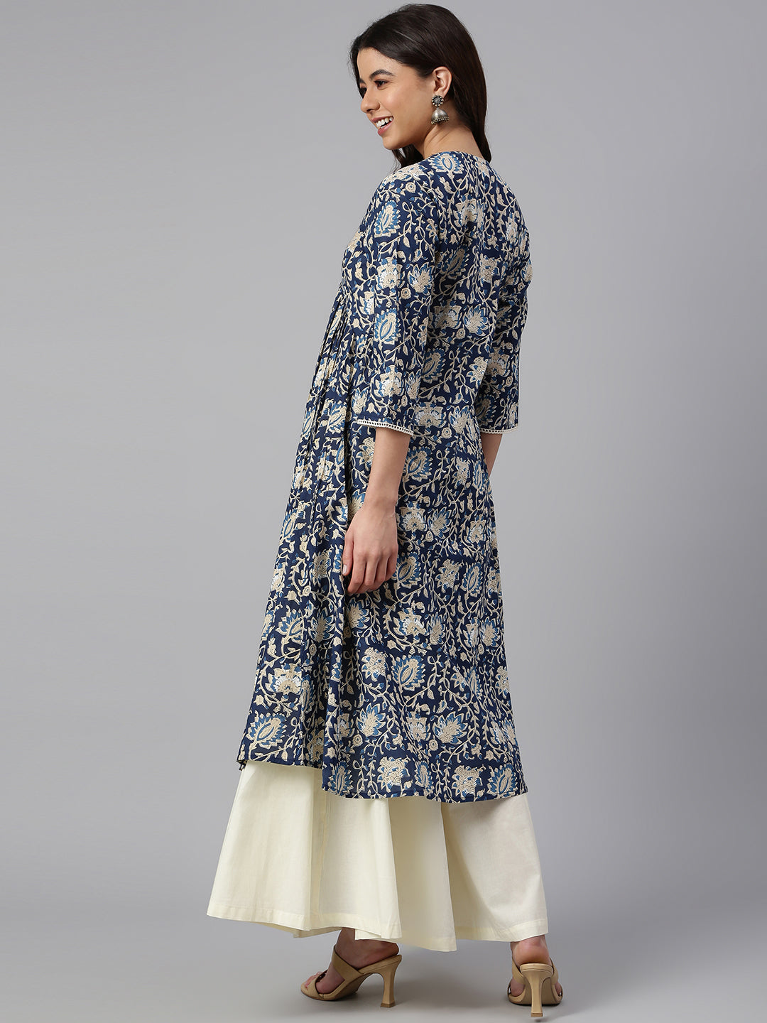 Navy Blue Cotton Floral Print Flared Kurta