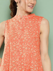 Peach Cotton Floral Printed Flared Western Dress