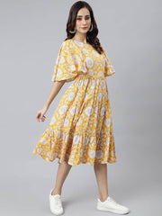Yellow Cotton Floral Print Flared Western Dress