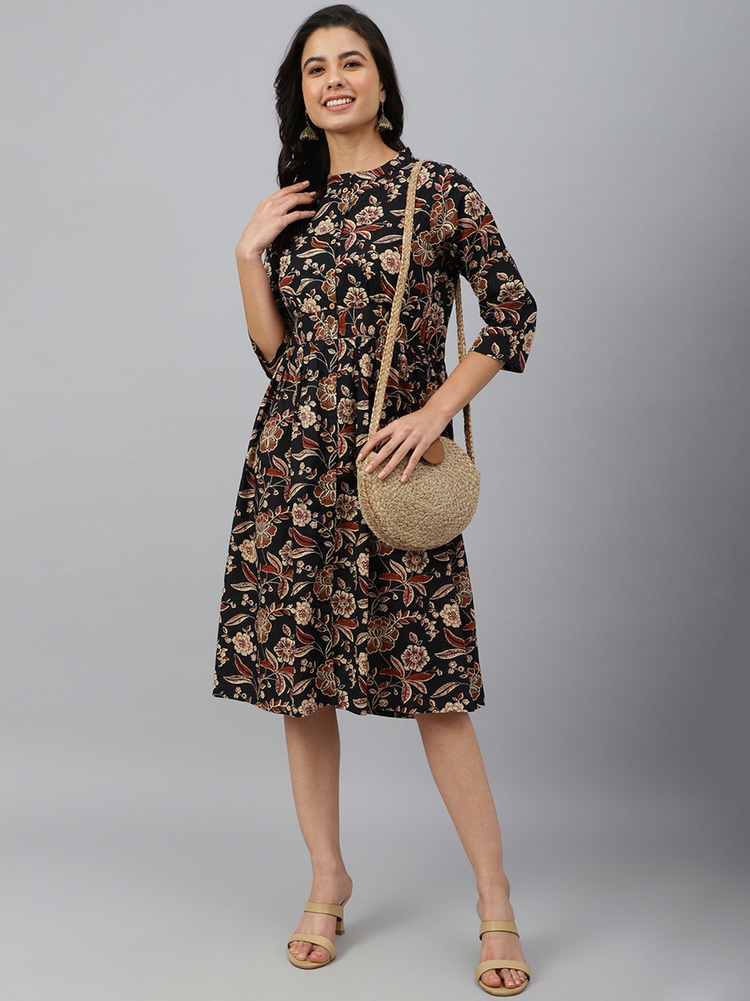 Black Cotton Floral Print Flared Western Dress